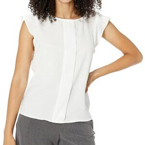 NWT Tahari Womens White Chiffon Cap Sleeve Pleated Front Top Blouse XL XLARGE